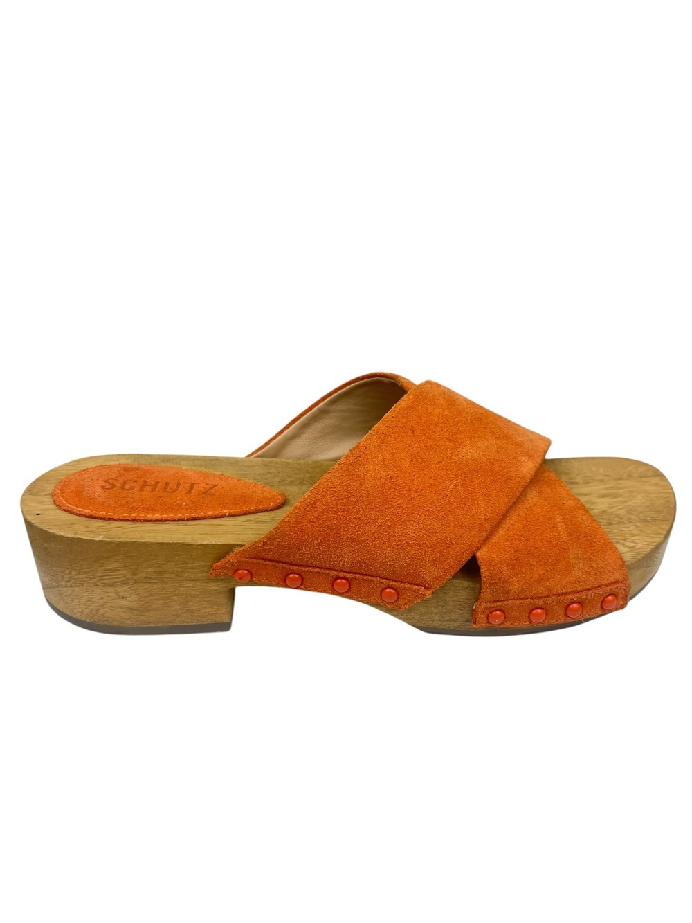Schutz Jett Clog Cow Suede Wooden Platform Sandals Bright Tangerine sz 8.5
